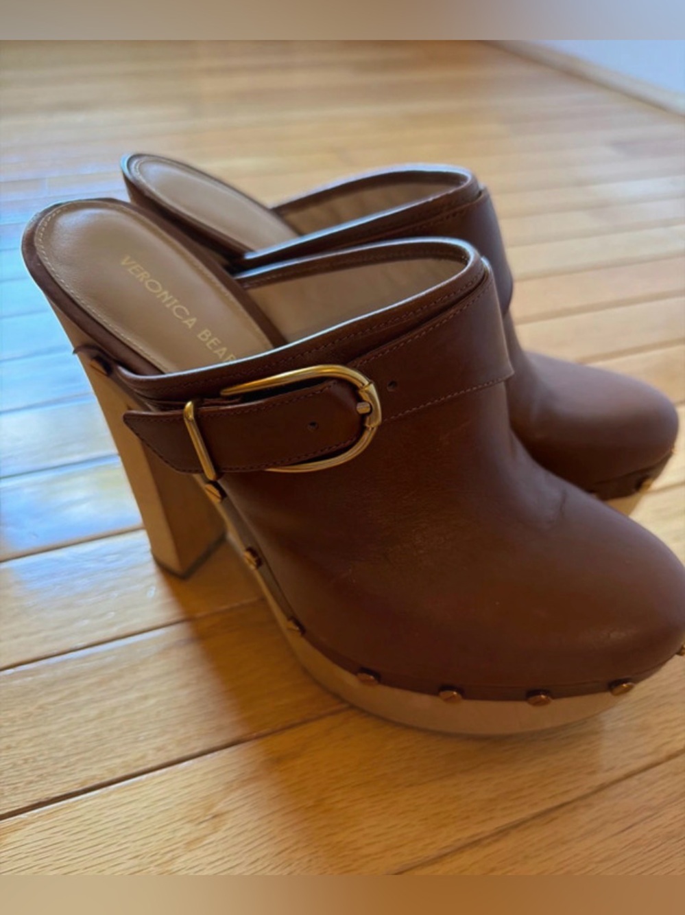 Veronica Beard Alek Leather Wooden Platform Clog Mules Brown Size 8